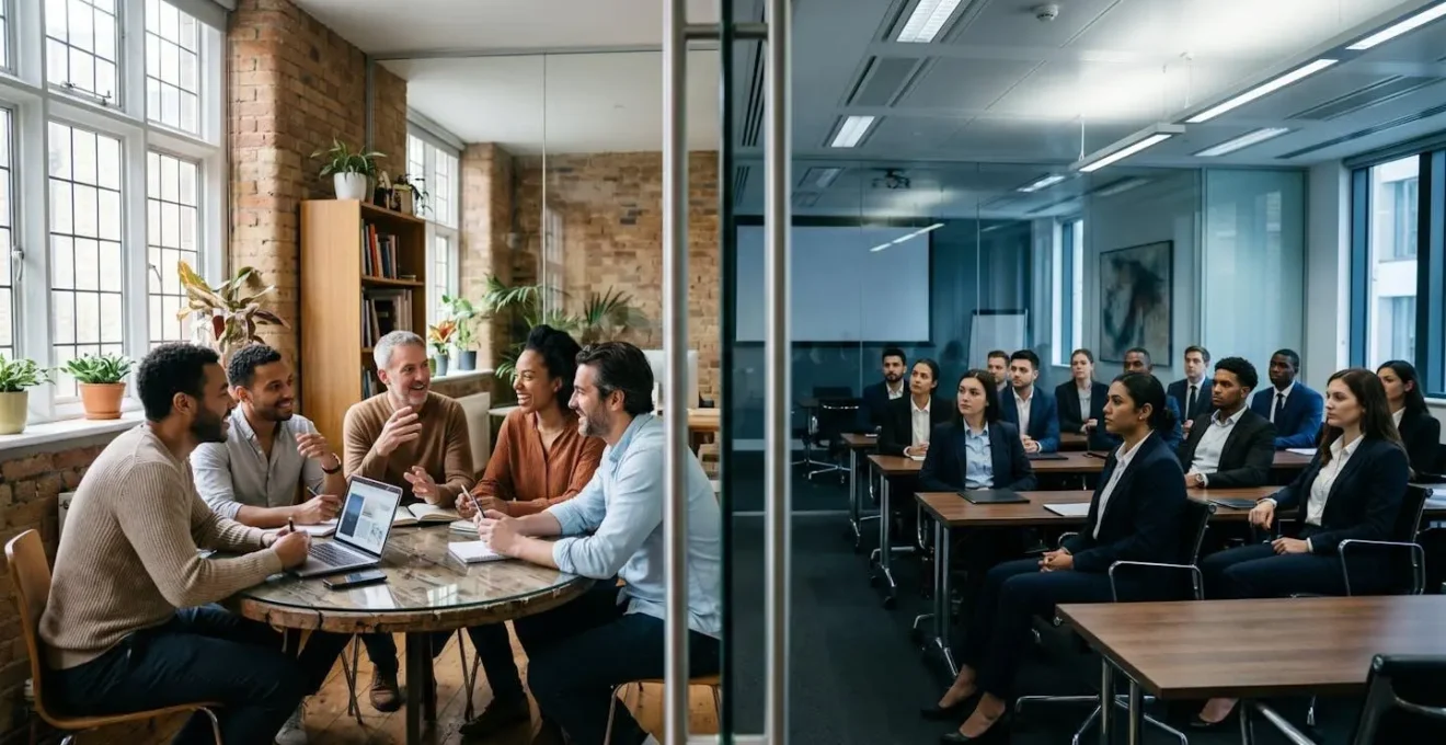 Contrasting workplace environments showing agile boutique firm collaboration versus rigid corporate structure