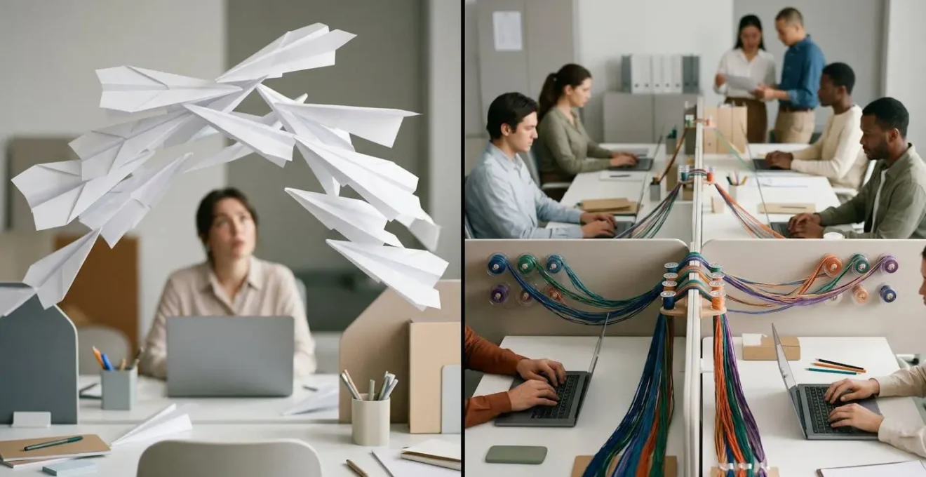 Professional team members collaborating through different communication channels in a modern workspace