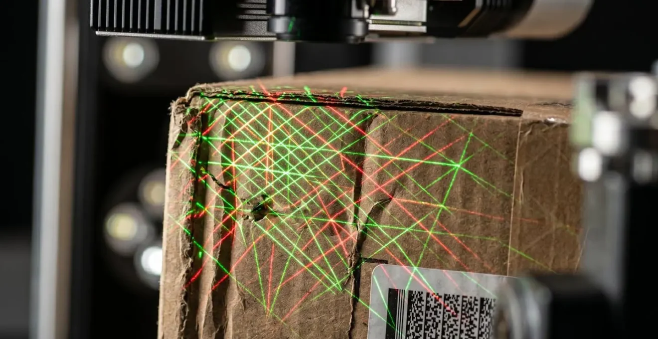 Close-up macro view of computer vision system scanning product surfaces for defects