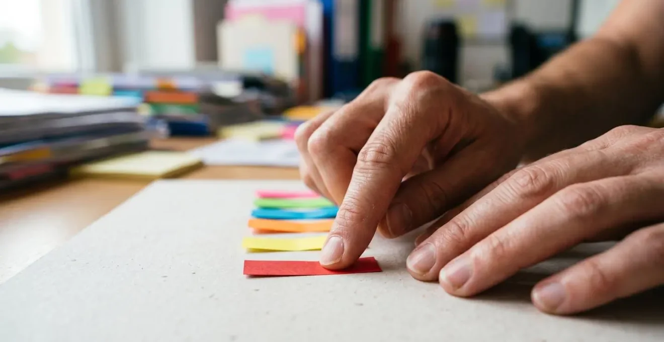Macro close-up of hands arranging colorful priority tags on task board, shallow depth of field, natural office lighting