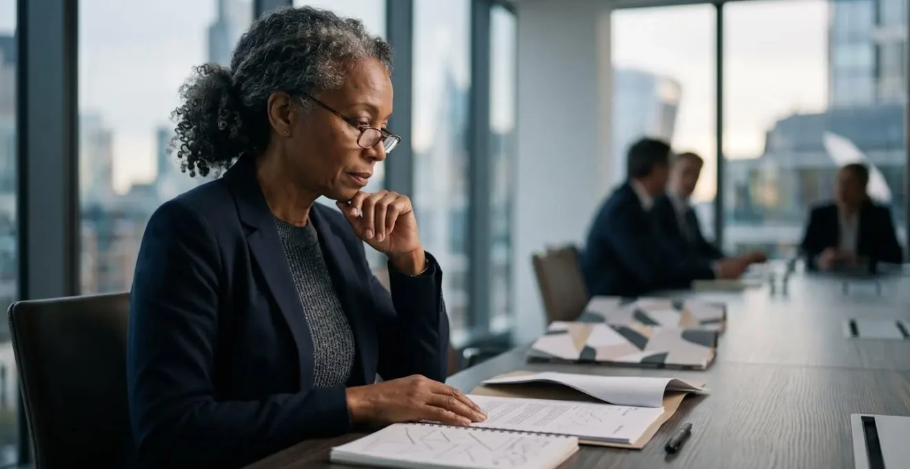 Senior compliance executive reviewing comprehensive ESG risk framework and governance structure in modern boardroom