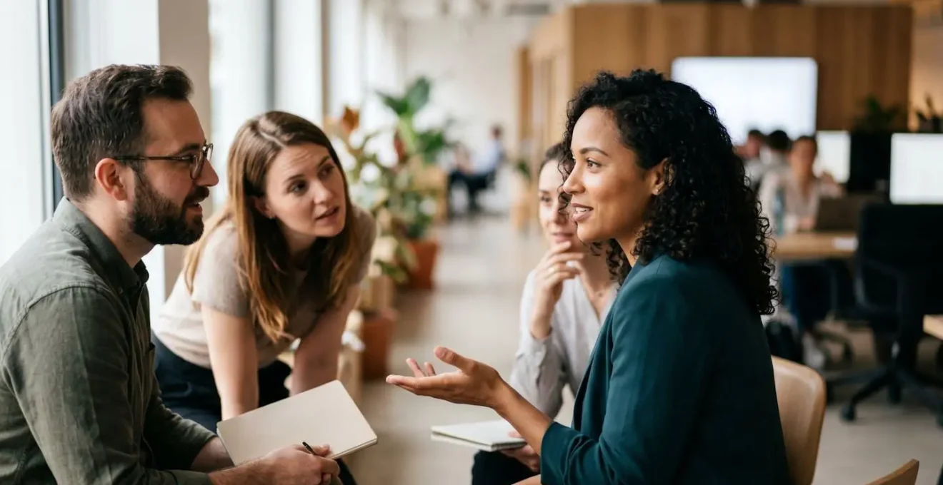 Close-up view of diverse team members in informal workplace interaction revealing authentic company culture