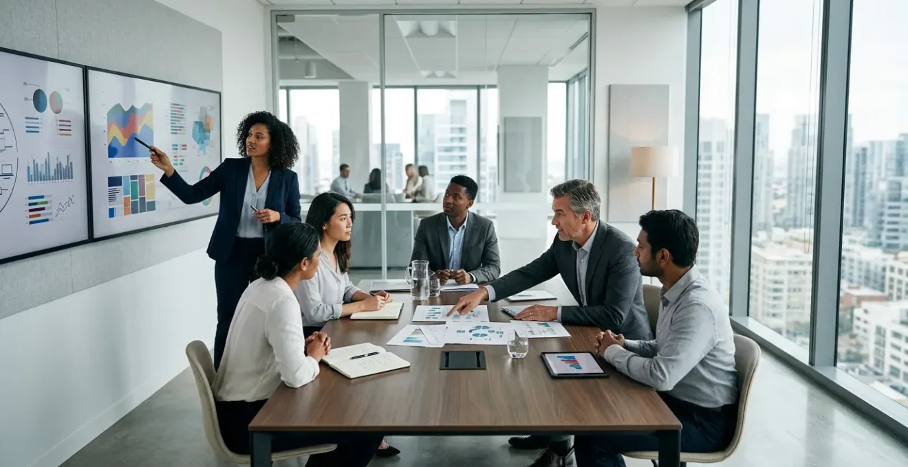 Strategic corporate team analyzing resource allocation data in modern office environment
