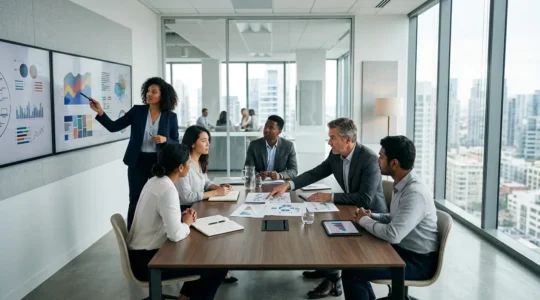 Strategic corporate team analyzing resource allocation data in modern office environment