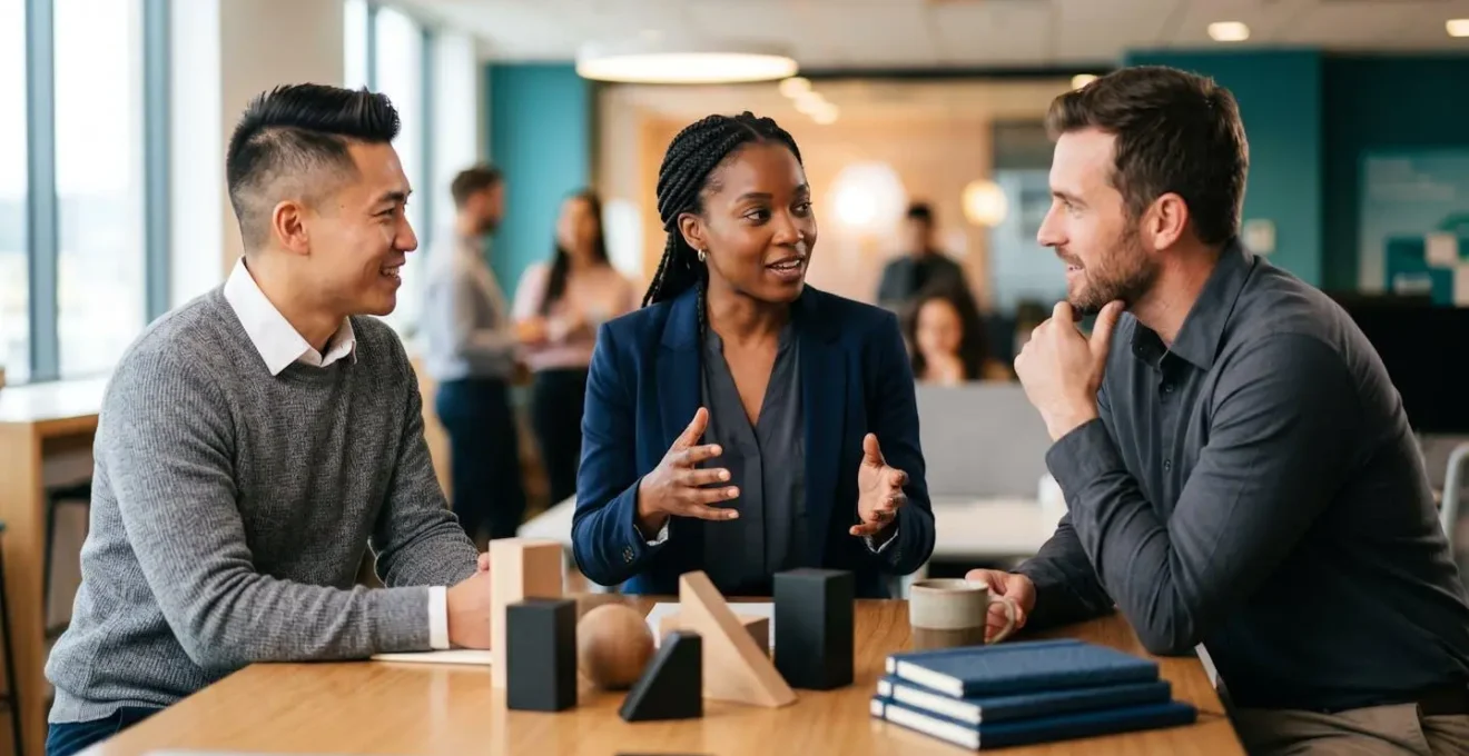 Cross-functional team members collaborating around abstract data integration concept in modern workspace