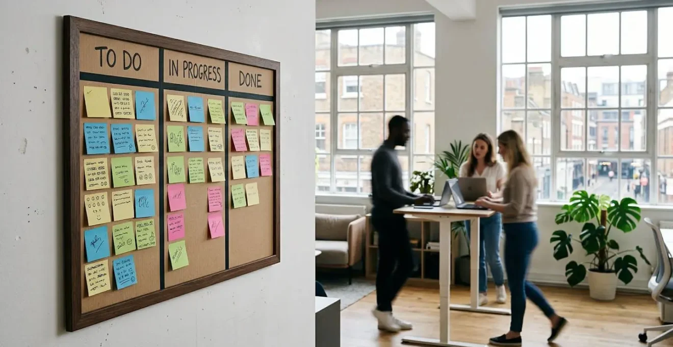 Wide-angle view of modern collaborative workspace with physical agile board showing sprint workflow, natural lighting through large windows, diverse team members in background blur, UK office aesthetic