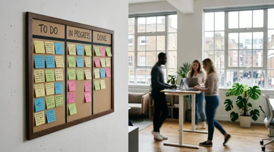 Wide-angle view of modern collaborative workspace with physical agile board showing sprint workflow, natural lighting through large windows, diverse team members in background blur, UK office aesthetic