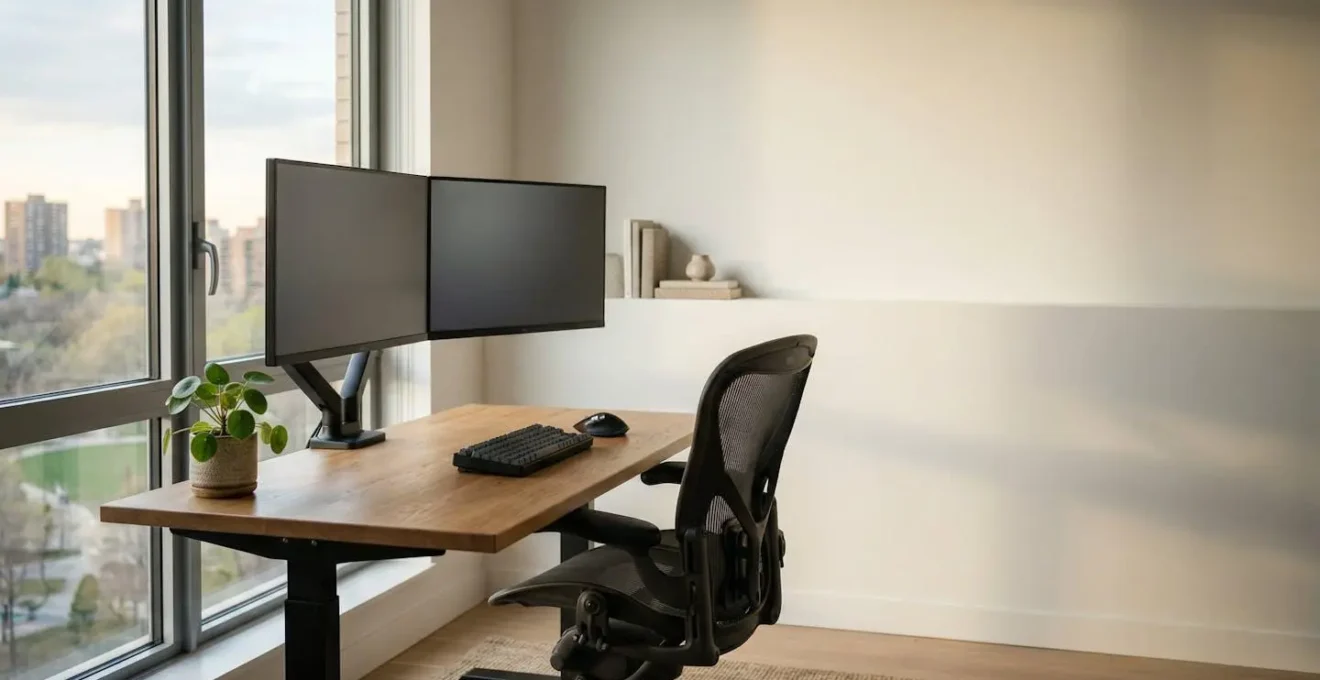 Modern ergonomic workspace setup promoting developer health and productivity through proper posture and equipment arrangement