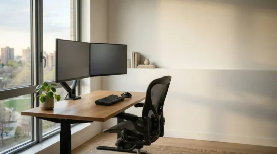 Modern ergonomic workspace setup promoting developer health and productivity through proper posture and equipment arrangement
