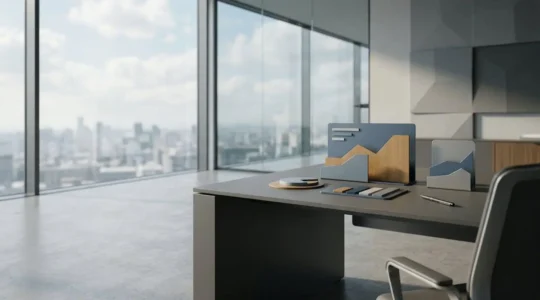 Modern executive reviewing unified business intelligence dashboard in minimalist office environment