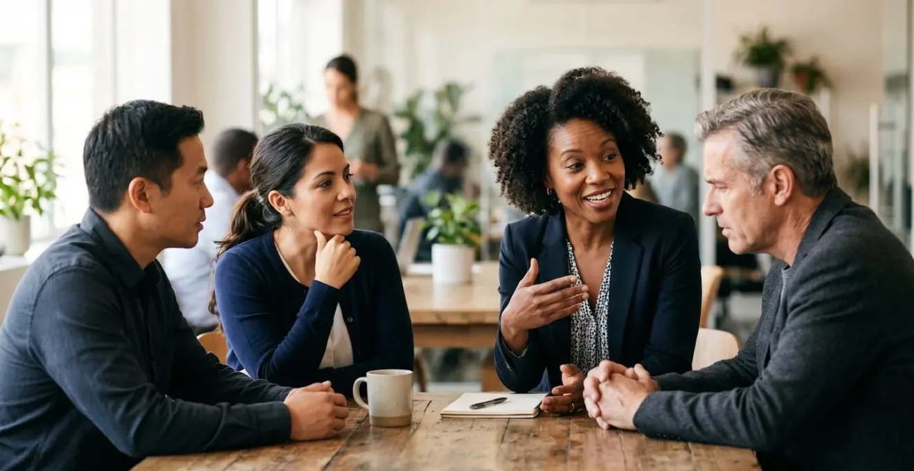 Senior executives in strategic discussion around conference table