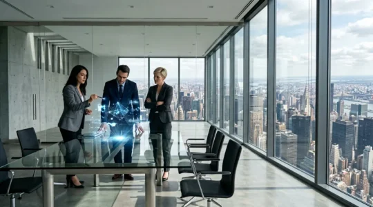 External consultants analyzing business operations in modern office boardroom