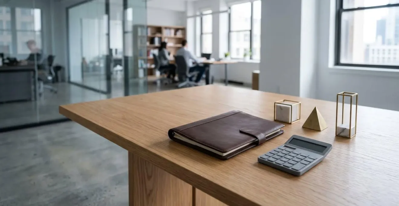 Close-up view of a modern workspace with clean financial planning materials and minimal design elements representing creditworthiness preparation