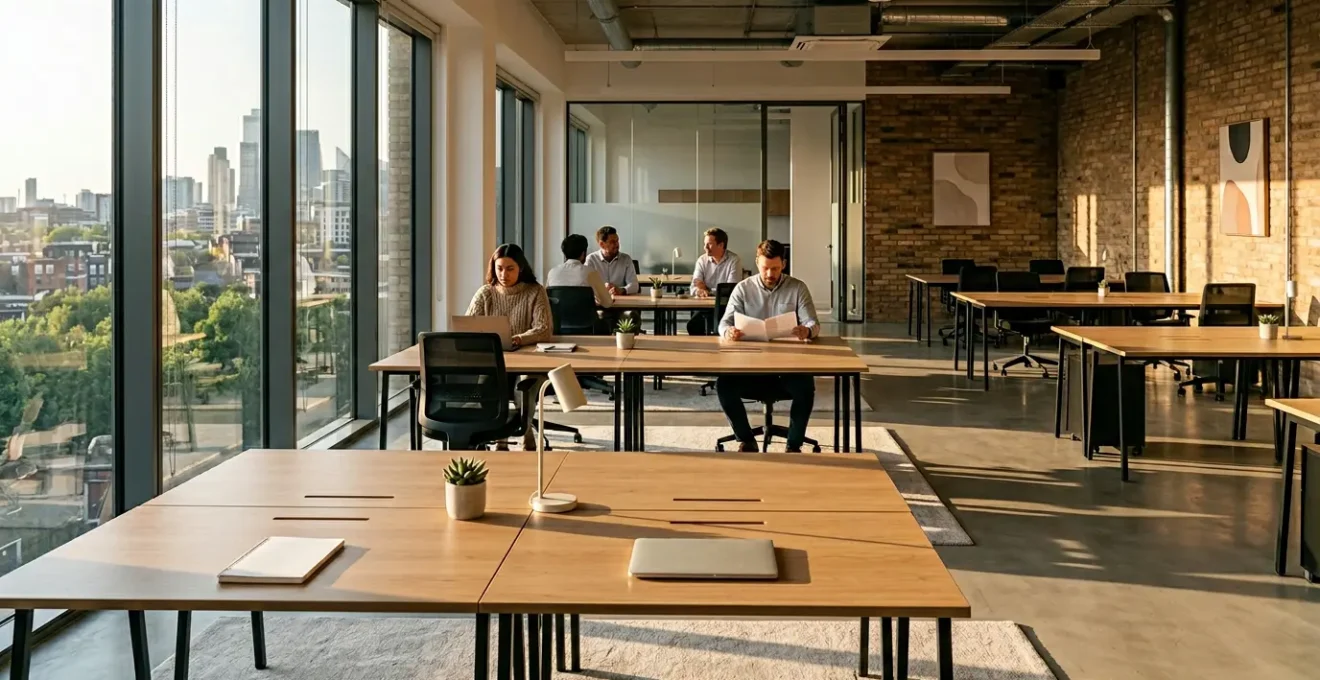 Modern UK office space showcasing hybrid work environment with both occupied and empty desks in natural lighting