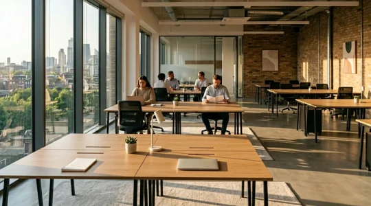 Modern UK office space showcasing hybrid work environment with both occupied and empty desks in natural lighting