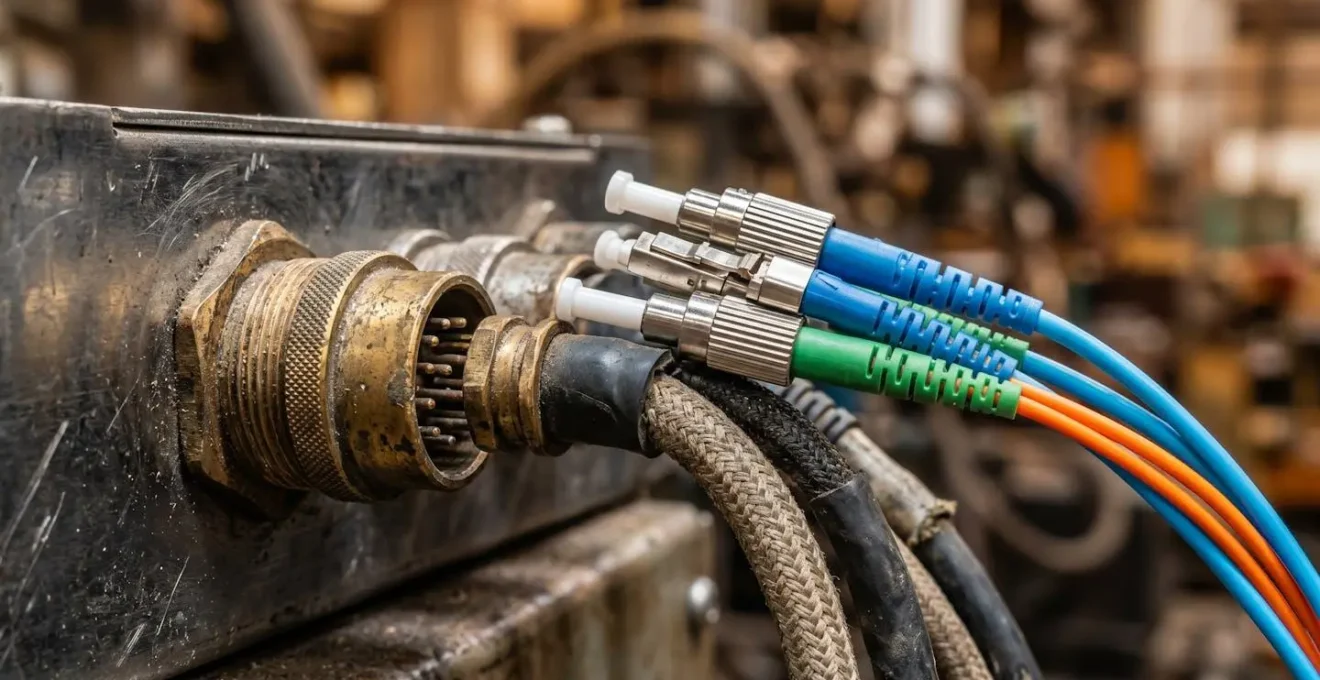 Macro view of industrial IoT gateway connecting to vintage manufacturing equipment