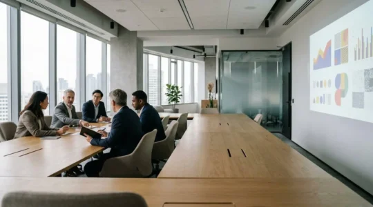 Business team navigating complex digital transformation process with strategic oversight and collaborative planning
