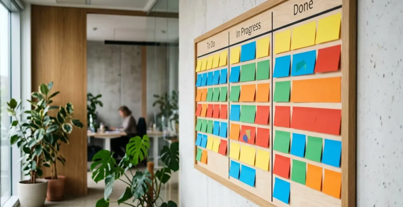 Physical Kanban board with colorful cards showing design workflow stages