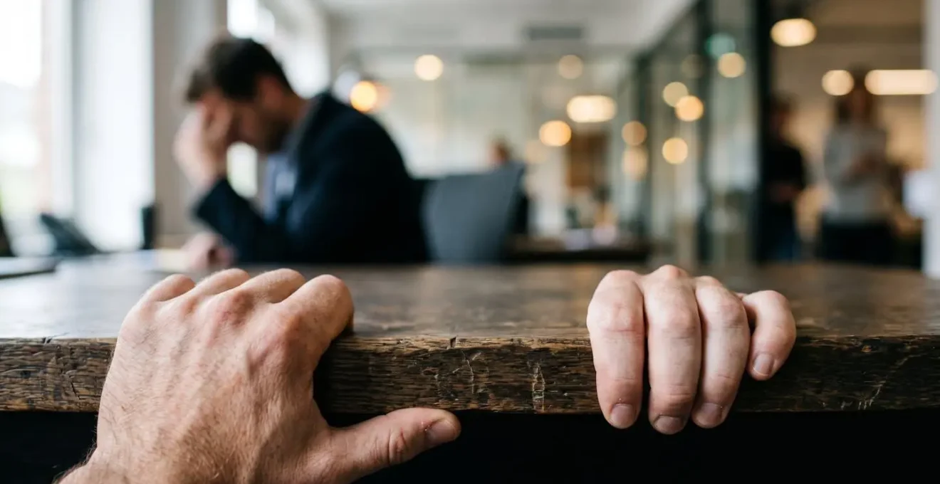 Close-up of stressed hands gripping desk edge symbolizing survivor syndrome tension