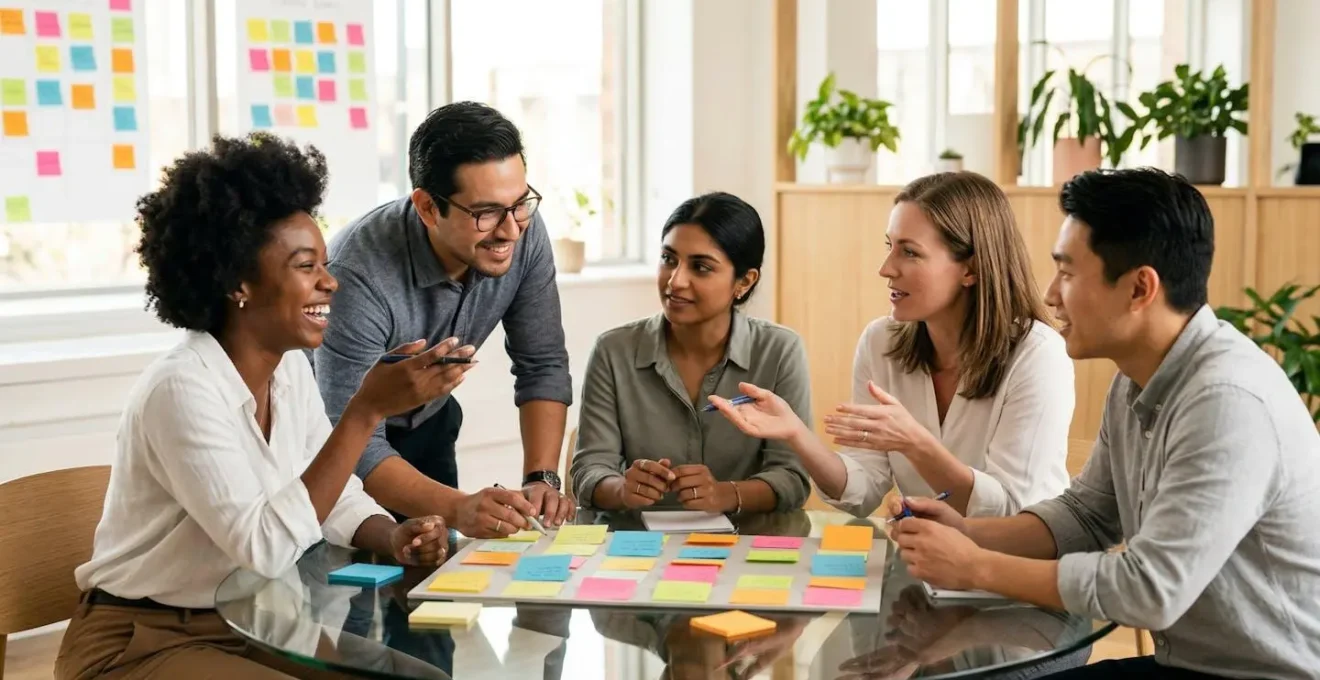 Marketing professionals collaborating on sprint planning board in bright modern workspace
