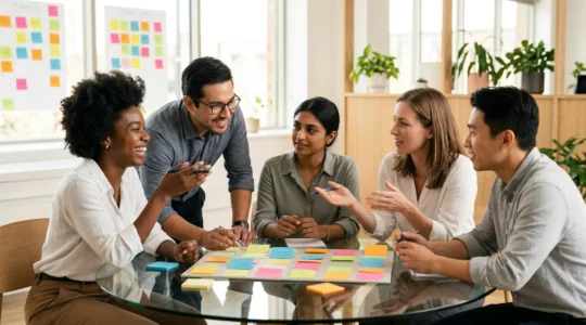 Marketing professionals collaborating on sprint planning board in bright modern workspace