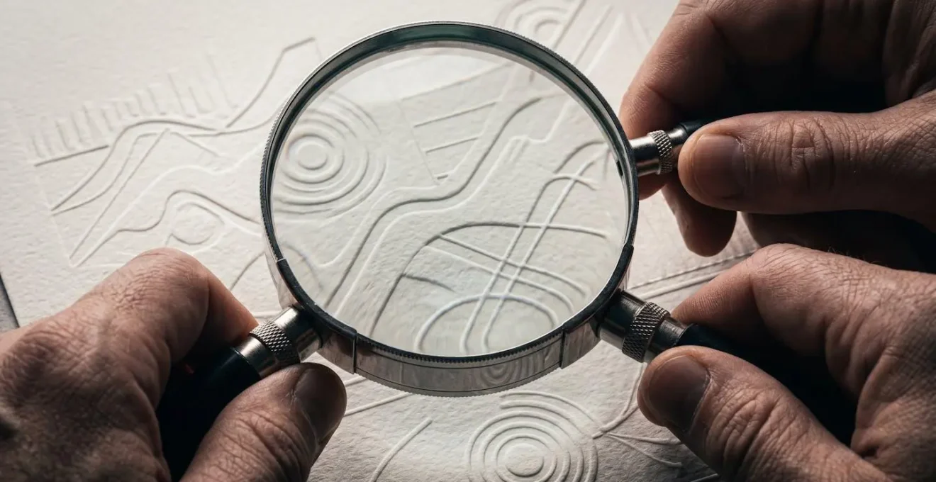 Financial analyst examining merger documents with magnifying glass