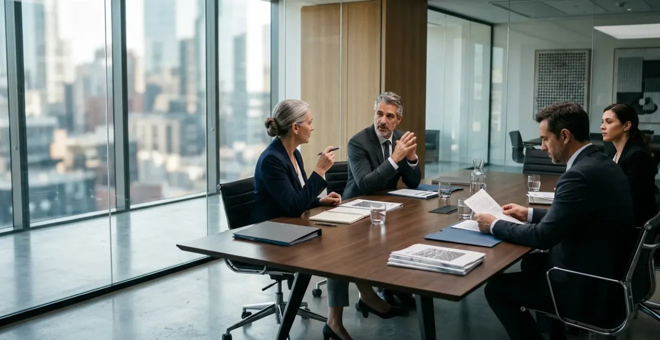 Business professionals analyzing strategic documents in modern boardroom setting with natural light