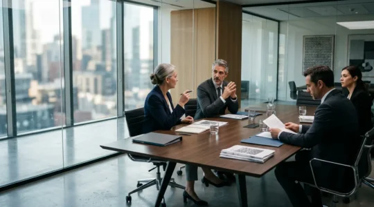 Business professionals analyzing strategic documents in modern boardroom setting with natural light