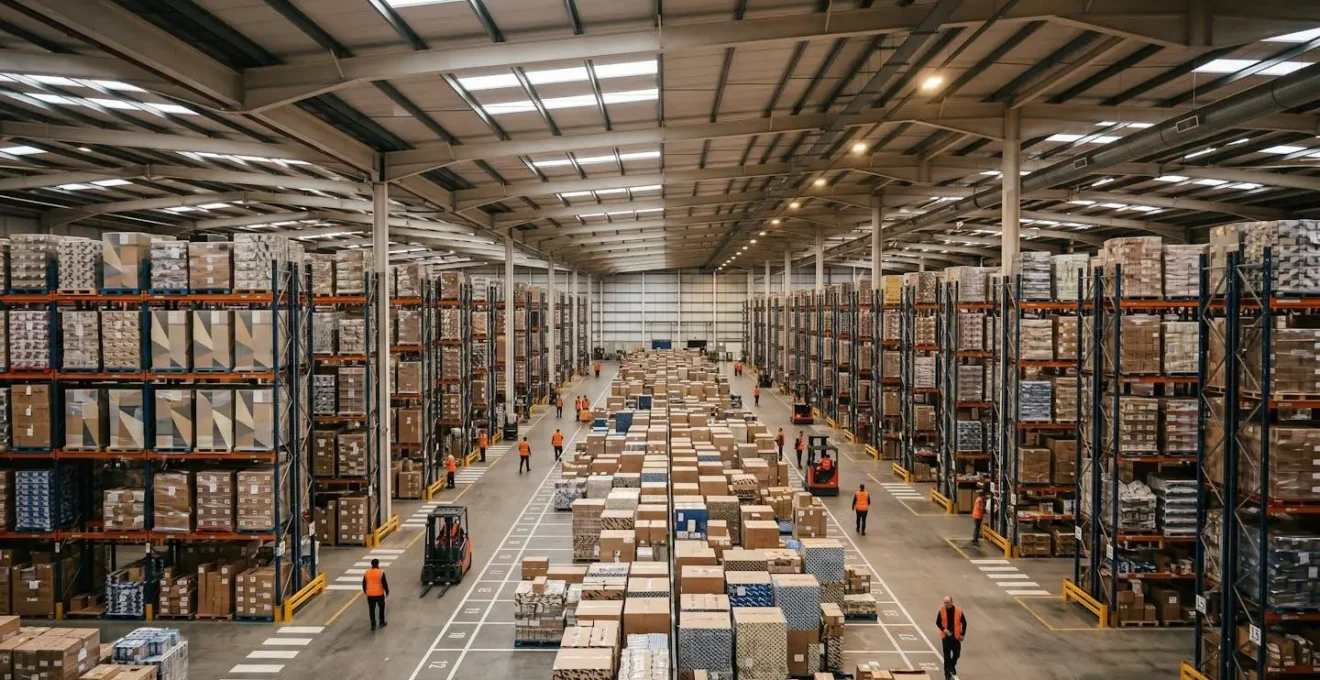 Wide aerial view of busy distribution center during peak operations with workers and automated systems