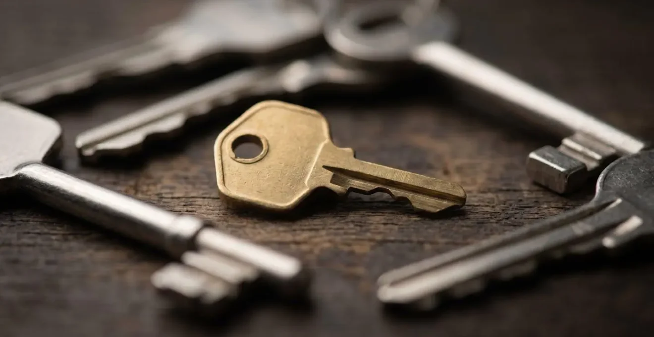 Blurred foreground with sharp focus on small golden key among larger silver keys