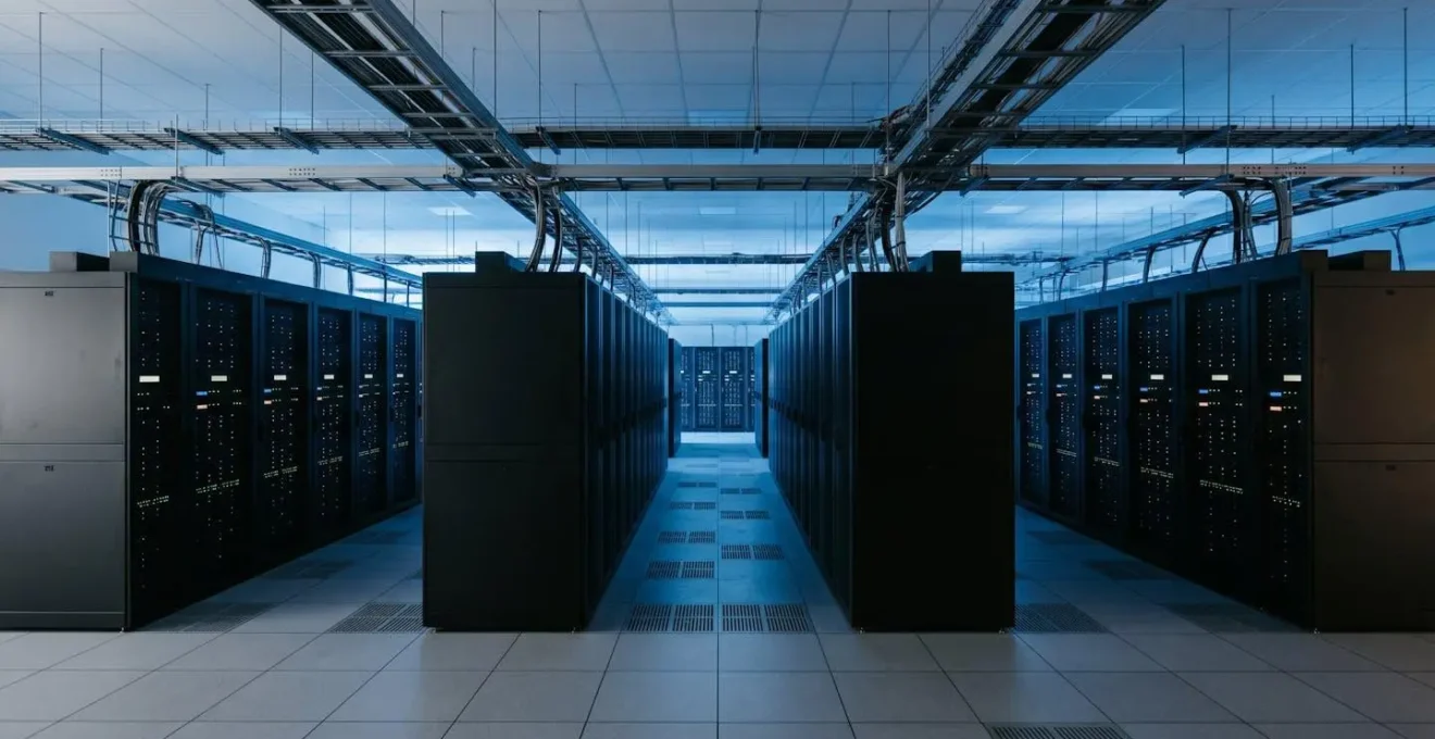 Modern data center server infrastructure showing physical hardware and environmental systems