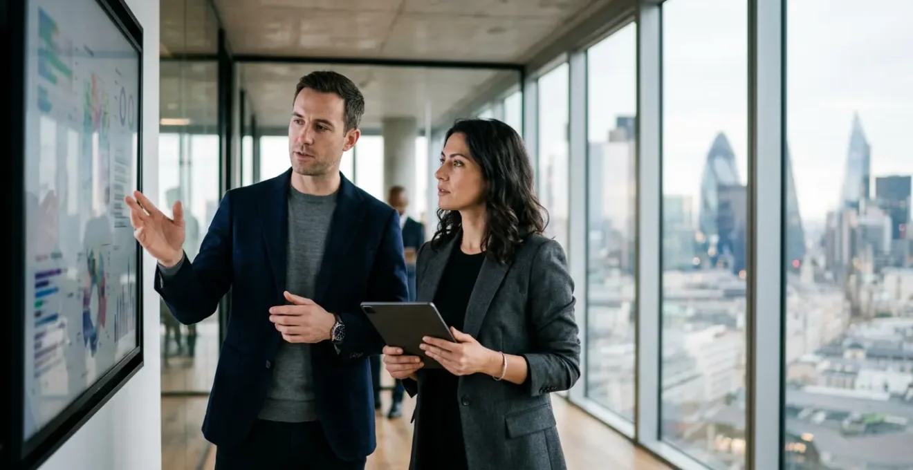 Strategic negotiation scene showing professional founders discussing equity terms with venture capital investors in modern UK business environment