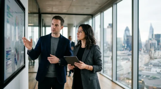Strategic negotiation scene showing professional founders discussing equity terms with venture capital investors in modern UK business environment