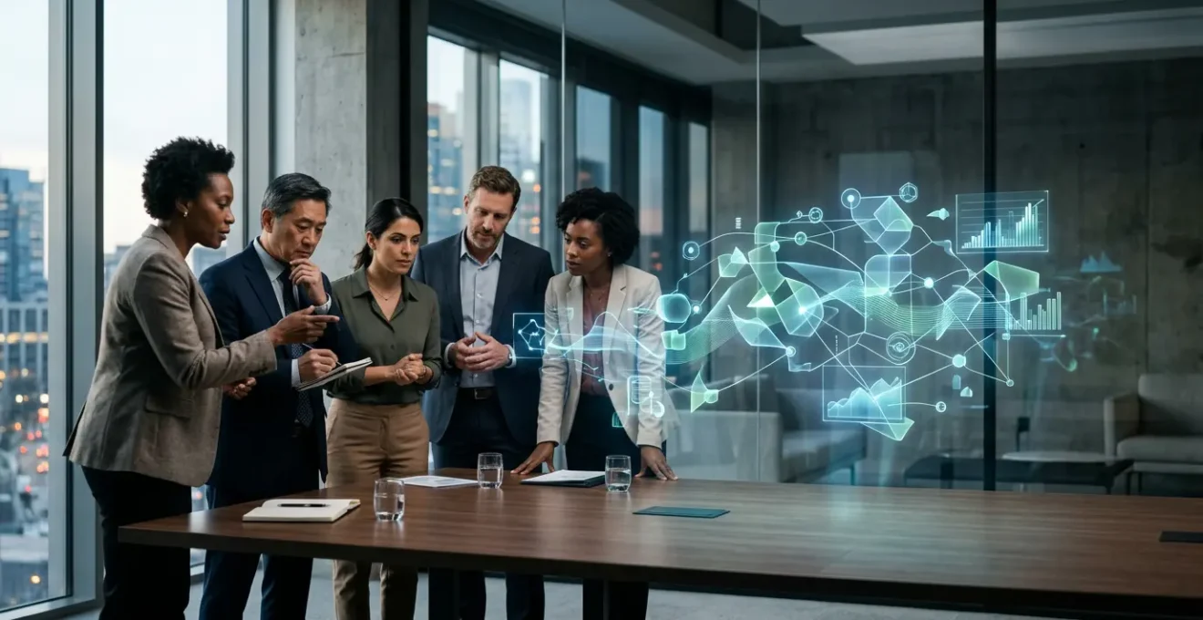 Business executives analyzing digital financial dashboards displaying IT investment metrics and ROI calculations in a modern corporate setting