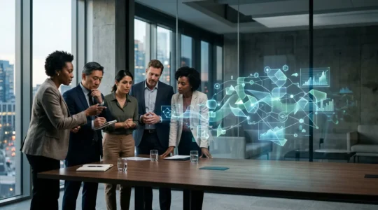 Business executives analyzing digital financial dashboards displaying IT investment metrics and ROI calculations in a modern corporate setting