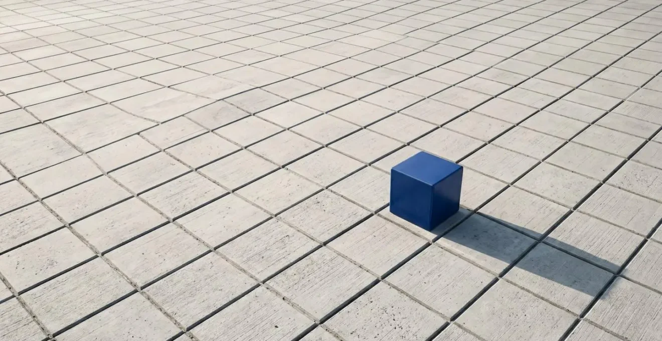Minimalist wide environmental shot showing isolated unique element among uniform patterns