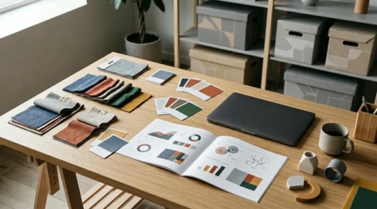 Strategic retail forecasting workspace with data visualization displays and inventory planning materials
