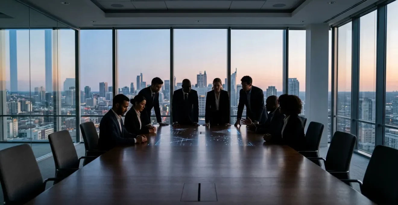 Business leaders examining complex supply chain network visualization with critical dependency points highlighted