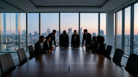 Business leaders examining complex supply chain network visualization with critical dependency points highlighted
