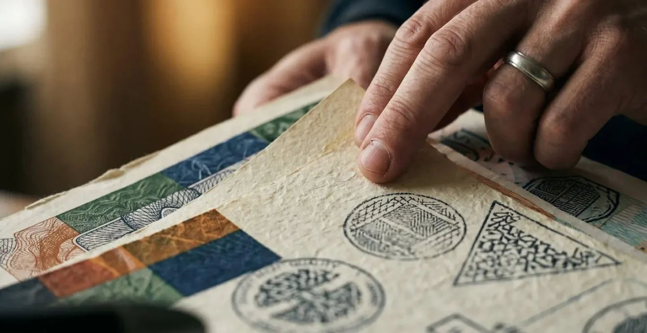 Close-up of hands reviewing supply chain audit documentation with verification stamps and ethical sourcing certificates