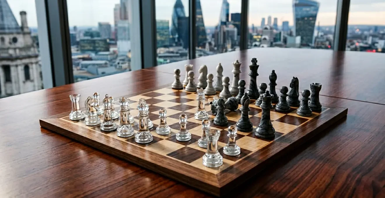 Strategic chess game representing boutique firms' calculated moves against market giants in UK business landscape