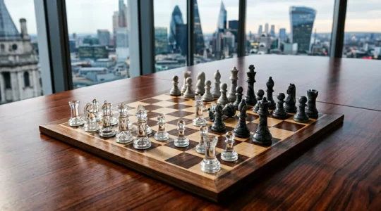 Strategic chess game representing boutique firms' calculated moves against market giants in UK business landscape