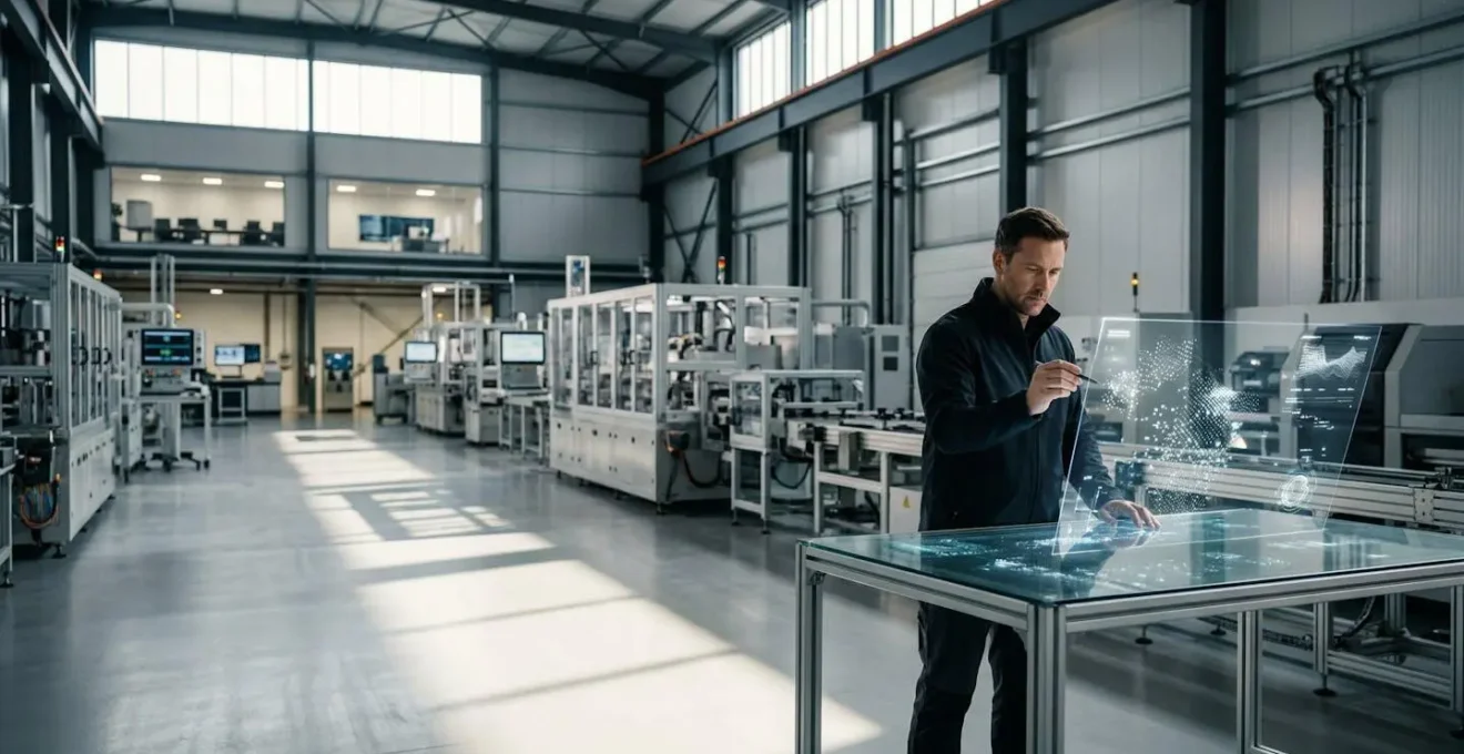 Industrial control room monitoring energy efficiency systems in UK manufacturing facility