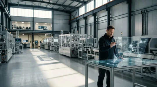 Industrial control room monitoring energy efficiency systems in UK manufacturing facility