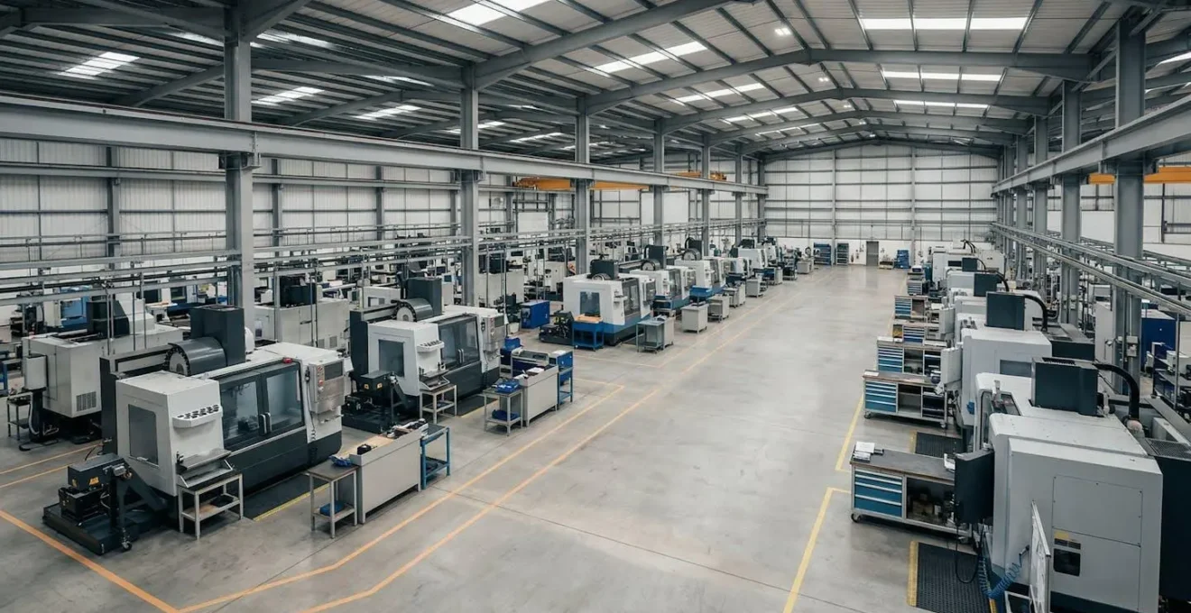 Industrial manufacturing facility with interconnected systems visualizing data flow across departments