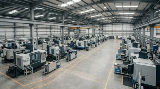 Industrial manufacturing facility with interconnected systems visualizing data flow across departments
