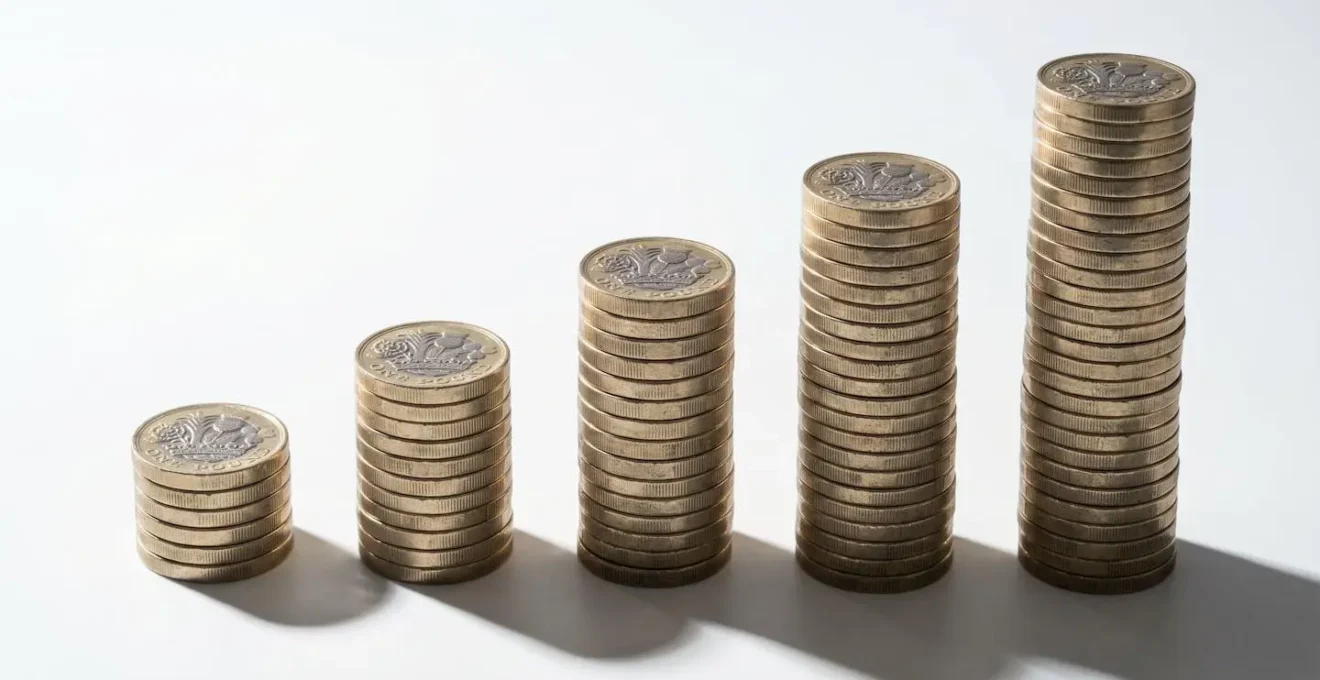 Stack of British pound coins arranged in ascending columns against minimal white background