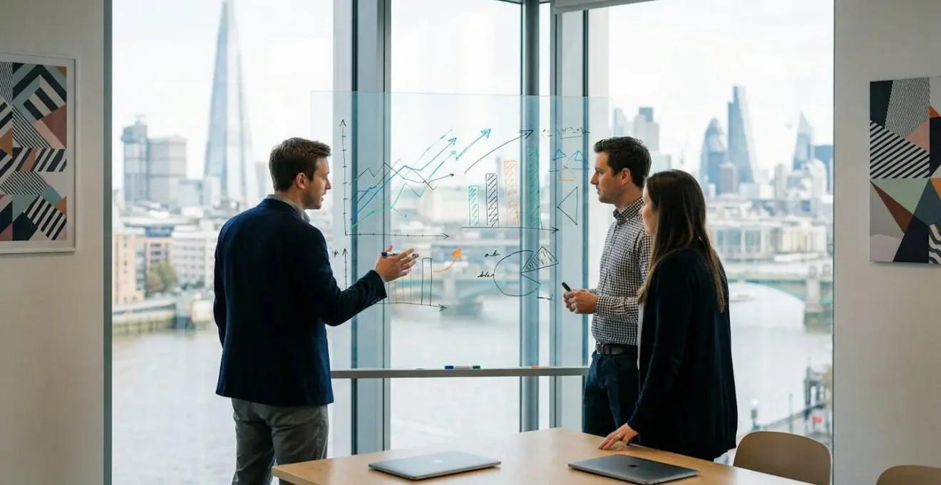 Diverse UK startup team analyzing growth metrics on glass board in modern London office