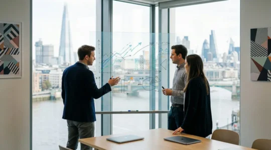 Diverse UK startup team analyzing growth metrics on glass board in modern London office