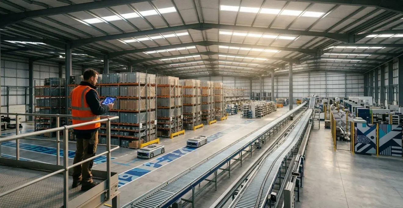 Complex warehouse logistics center with automated systems and workers managing inventory flow